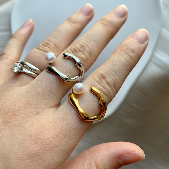 Tide Fresh Water Pearl Ring With Vintage Style Band Open Band Free Size - Picture 5 of 12